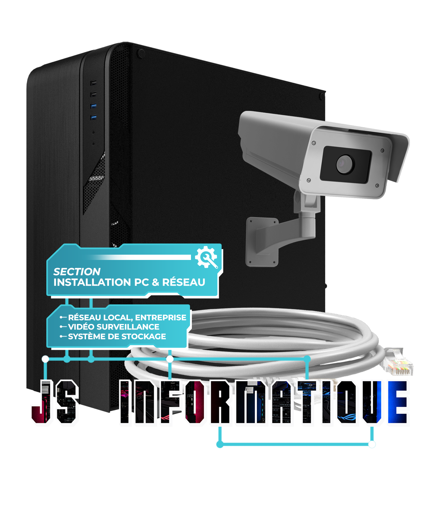 Illustration (Header JSInformatique) pour la section Installation Informatique (réseau, caméras de surveillance, NAS, PC)